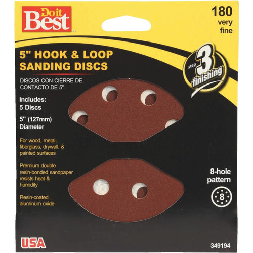 Do it Best 5 In. 180-Grit 8-Hole Pattern Vented Sanding Disc with Hook & Loop Backing (5-Pack)