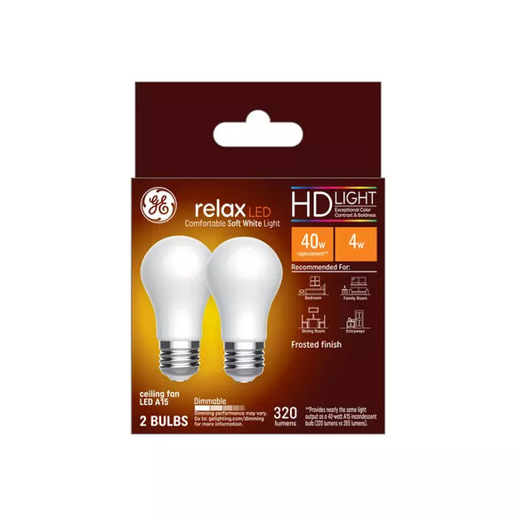 GE Relax HD A15 LED Light Bulbs, Ceiling Fan Lights, 40 Watt Replacement, Soft White (2 Pack)