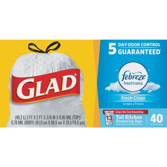 Glad Tall Kitchen 13 gal Trash Bags, Drawstring, White - 45 count